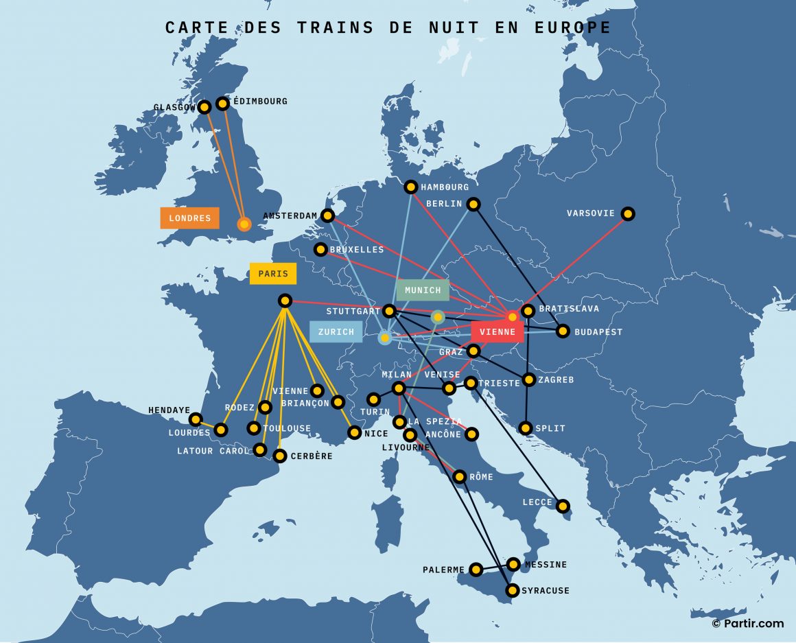 Carte des trains de nuit à travers l'europe.