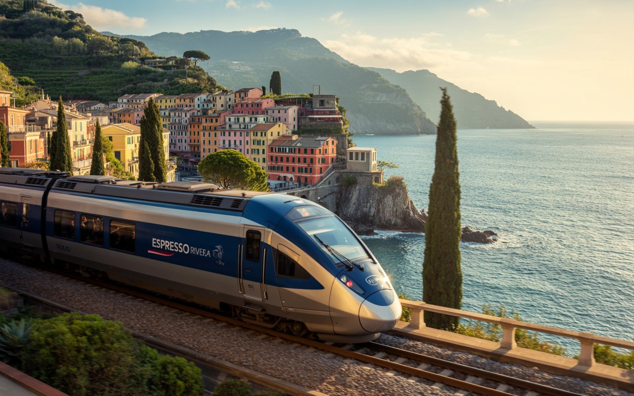 Train de nuit Marseille - Rome Espresso Riviera longeant la côte de la Riviera italienne sous un ciel étoilé, avec des voitures lumineuses et une ambiance vintage et chaleureuse.