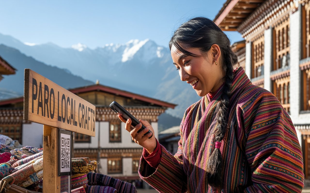 Voyageur au Bhoutan utilisant son smartphone pour un paiement en cryptomonnaie dans un marché local, avec les montagnes de l'Himalaya en arrière-plan