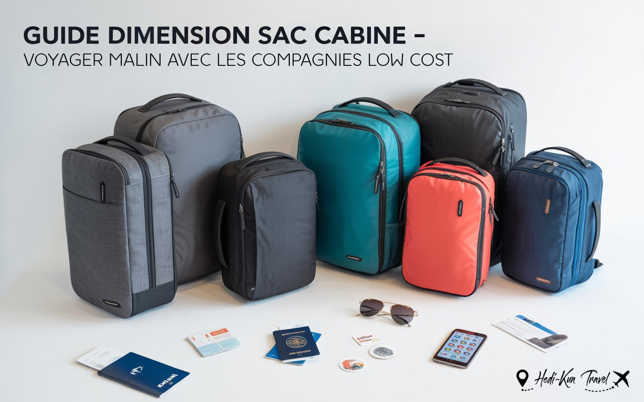 Plusieurs sacs cabine 40x20x25 cm compatibles avec Ryanair, Wizz Air et easyJet, présentés avec billets d'avion et passeport, dans un guide de voyage pour bagages à main low cost