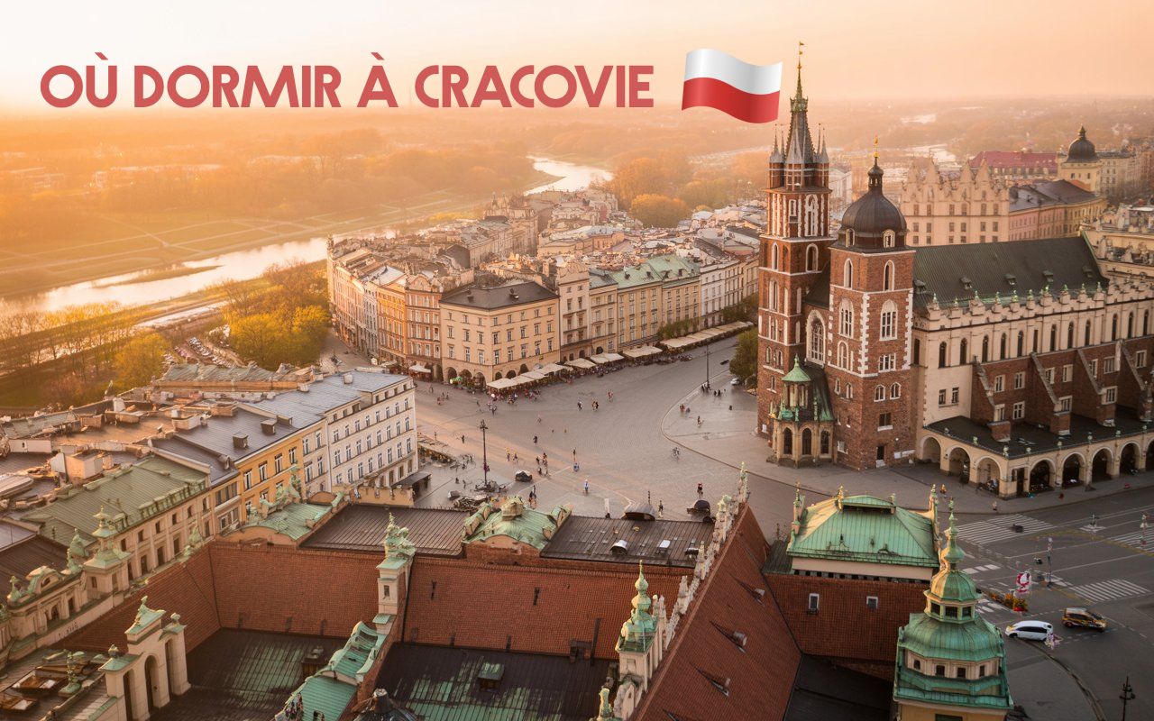Vue aérienne de Cracovie au coucher du soleil avec les principaux quartiers visibles et le texte 'Où dormir à Cracovie' écrit en haut de l'image
