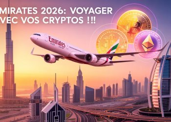 Emirates Bitcoin 2026, avion Emirates et skyline de Dubaï, paiement crypto vols - hedi kun travel