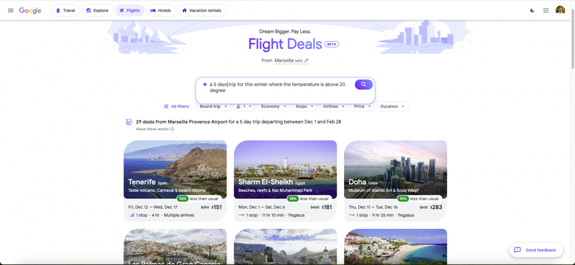 Exemple d'une recherche faite sur Google Flight Deal avec des résultats très pertinent. 