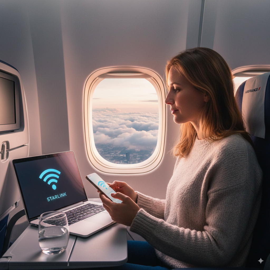 Passager profitant du wifi en avion sur Air France