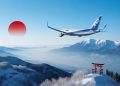 Vue aérienne du Japon illustrant la transition entre la neige d'Hokkaido et les plages d'Okinawa, avec un avion symbolisant l'offre de vols internes Japon gratuits.