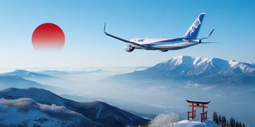 Vue aérienne du Japon illustrant la transition entre la neige d'Hokkaido et les plages d'Okinawa, avec un avion symbolisant l'offre de vols internes Japon gratuits.