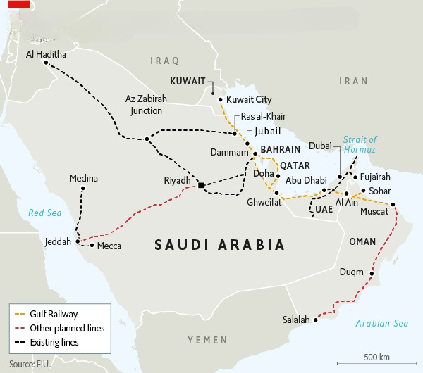 Carte illustrant l'itinéraire du futur train Arabie Saoudite Qatar reliant Riyad à Doha