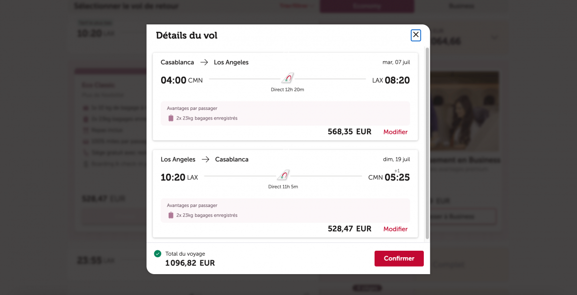 exemple de prix de vol direct Casablanca Los Angeles Royal Air Maroc