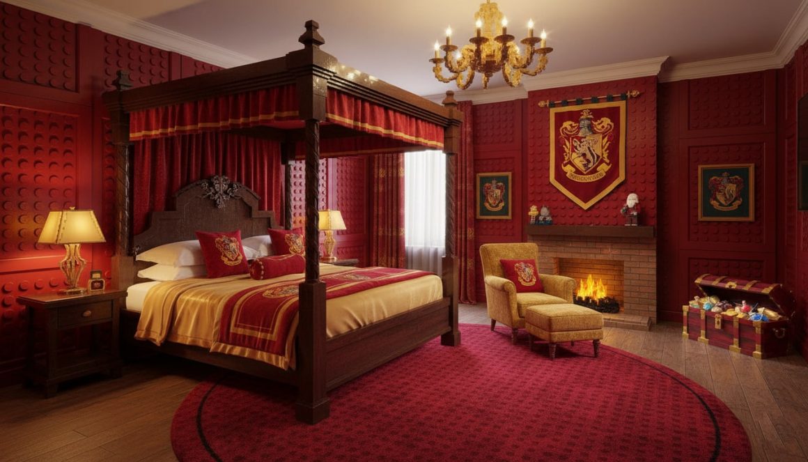Chambre thématique Gryffondor dans le futur hôtel Harry Potter Legoland en Allemagne