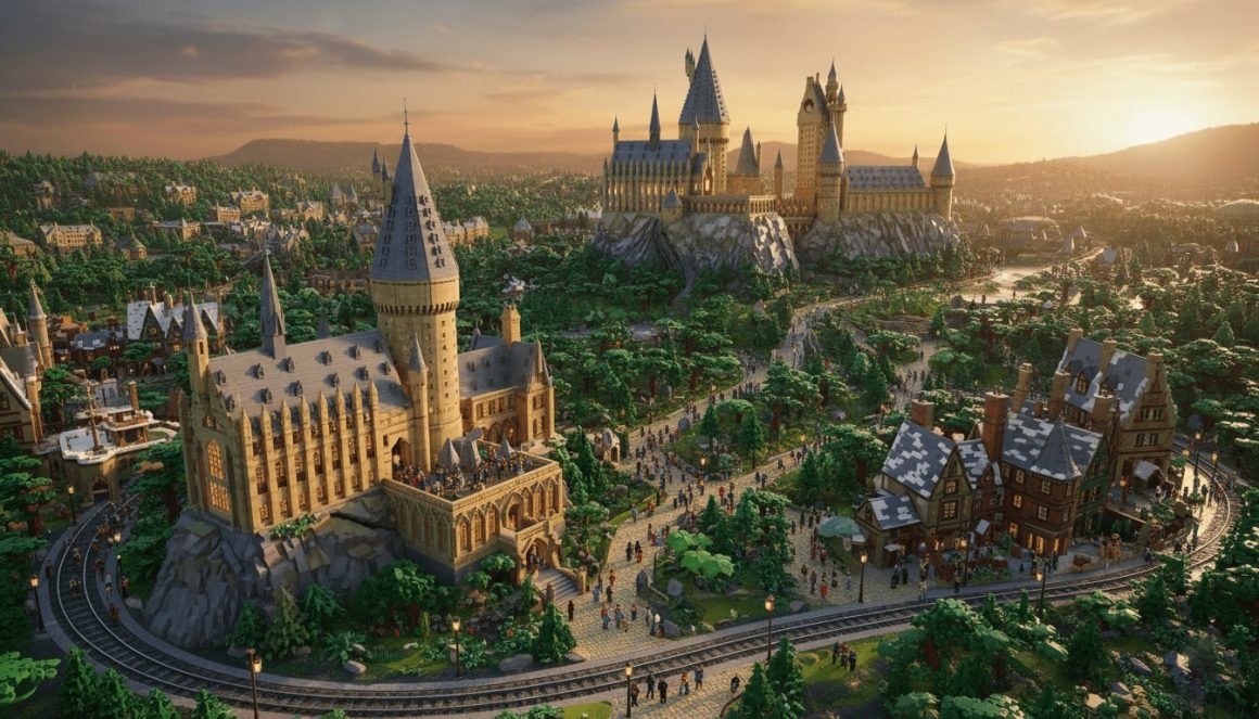 Vision artistique du land LEGO Harry Potter avec le château de Poudlard, intégrant l'hôtel Harry Potter Legoland.