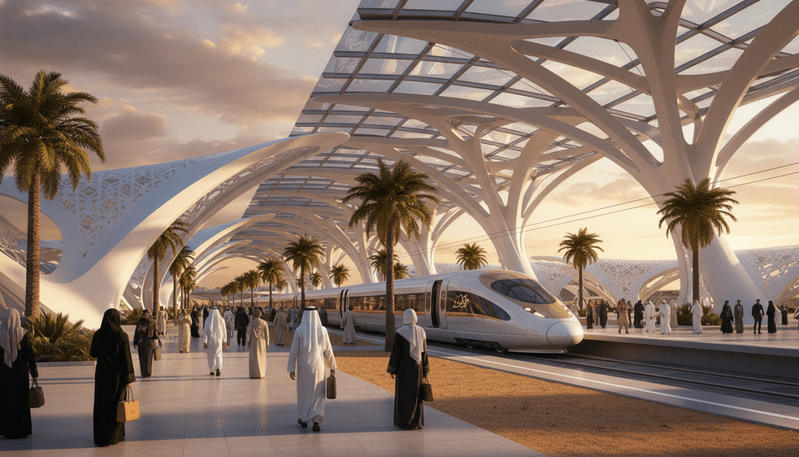 Vision artistique d'une future gare sur la ligne train Arabie Saoudite Qatar