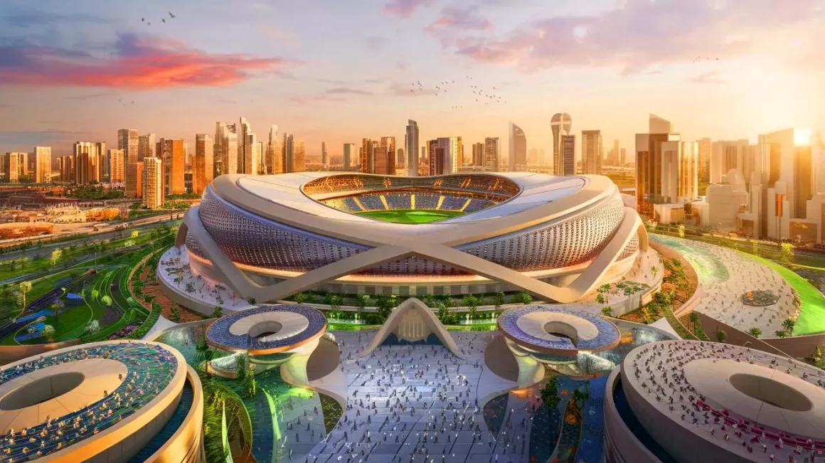 Vue aérienne du futur King Salman International Stadium à Riyad, symbole des ambitions saoudiennes pour la Coupe du Monde 2034.