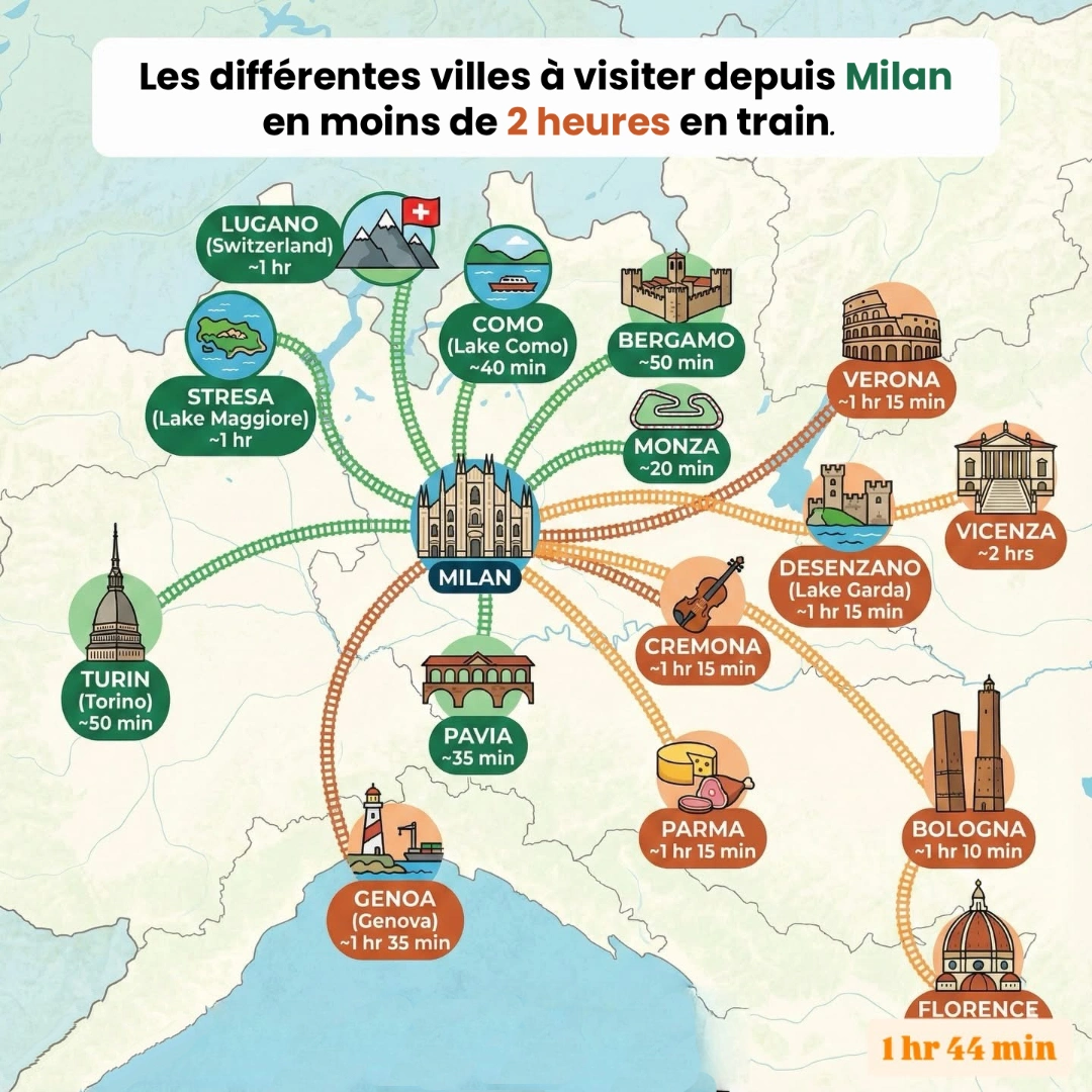 que faire à Milan, carte des villes à visiter en moins de 2 heures en train