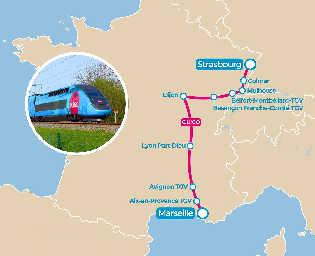 Carte du trajet Ouigo Strasbourg Marseille détaillant les arrêts à Colmar, Dijon, Lyon et Avignon.