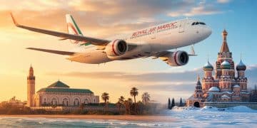 Illustration d'un avion assurant la nouvelle liaison Royal Air Maroc Casablanca Saint-Pétersbourg, volant entre la Mosquée Hassan II et les dômes enneigés de Russie.
