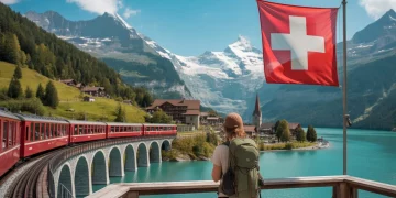 Train panoramique traversant les Alpes suisses avec vue sur les montagnes et un lac turquoise