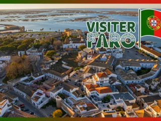 Vue panoramique sur Faro et la vieille ville fortifiée avec la Ria Formosa en arrière-plan au Portugal